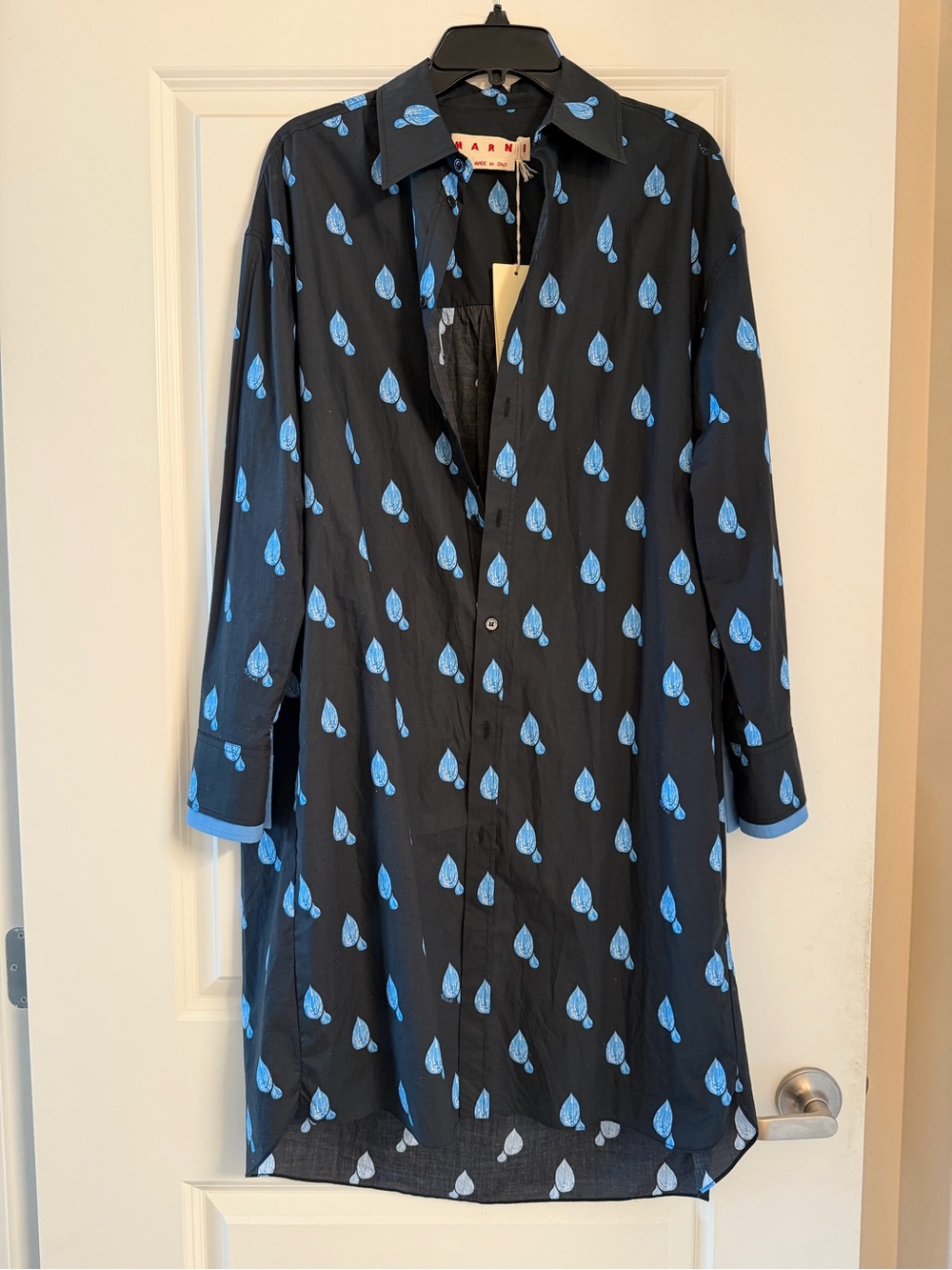Marni Black Button-Front Dress with Blue Raindrop Print